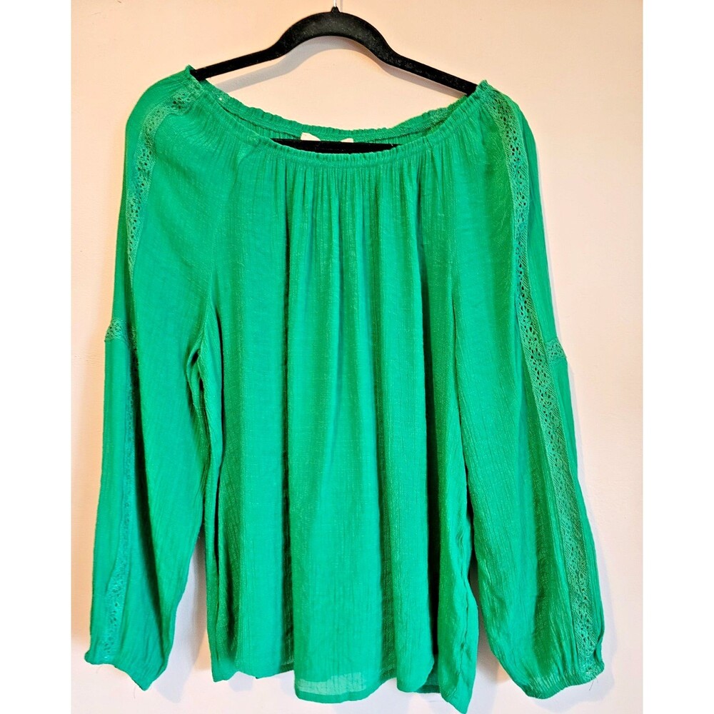Hope & Harlow Blouse Womens  L Green round  Neck Balloon Sleeve Boho Top
